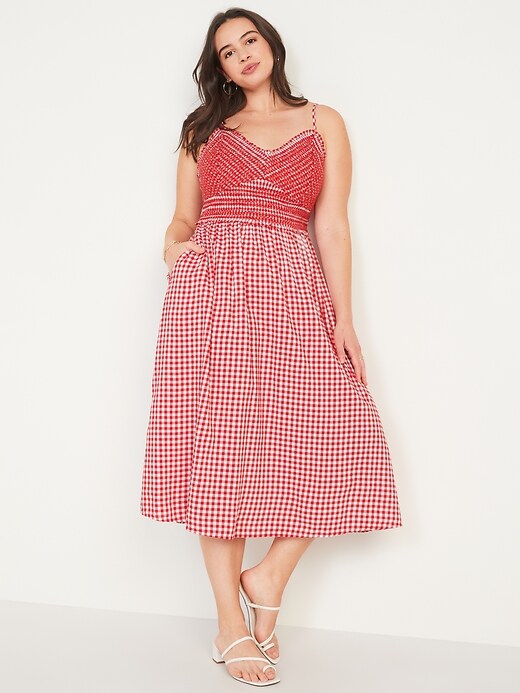 Image number 4 showing, Fit & Flare Gingham Embroidered Smocked Midi Cami Dress for Women