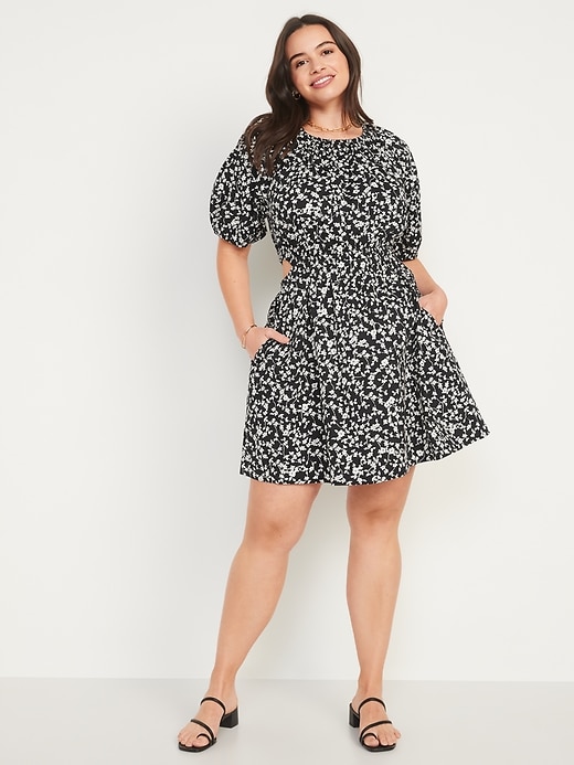 Image number 5 showing, Waist-Defined Puff-Sleeve Cotton-Poplin Side-Cutout Mini Dress for Women