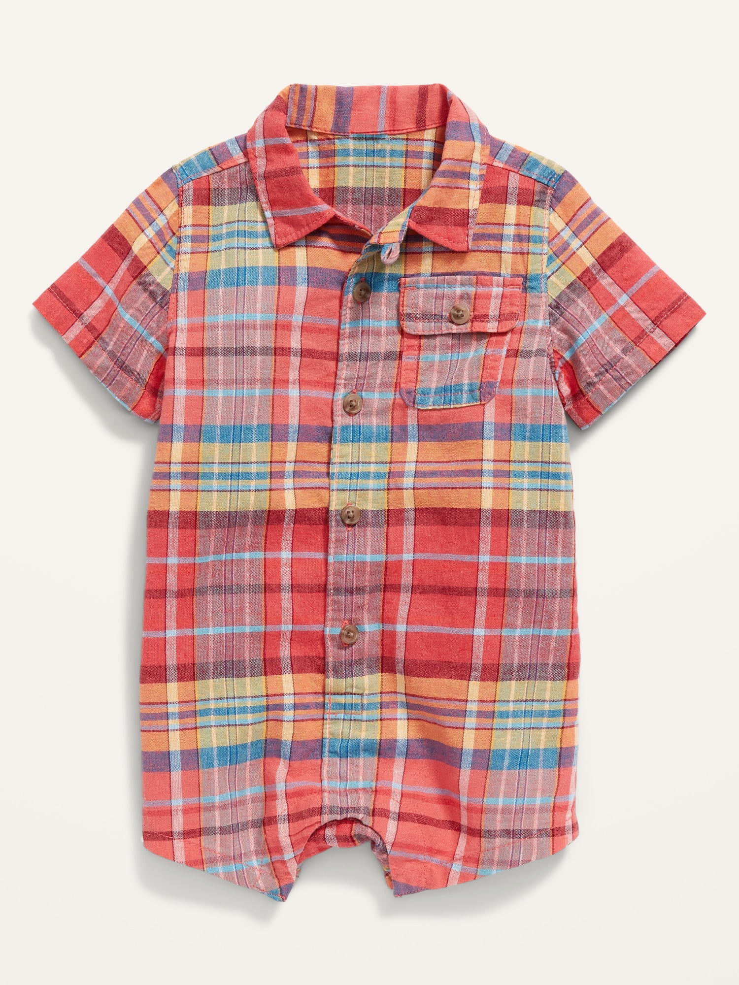 Unisex Linen-Blend Matching Plaid Camp Shirt One-Piece for Baby
