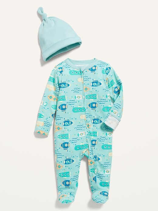 View large product image 1 of 1. Unisex Sleep & Play Footed One-Piece & Beanie Hat Set for Baby