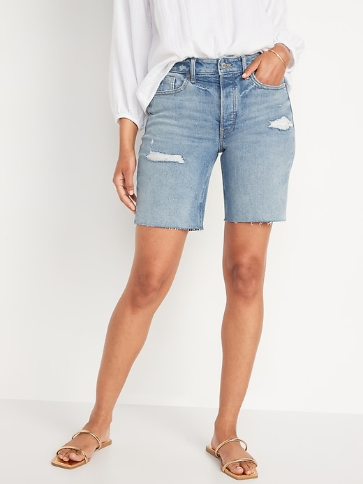 Image number 1 showing, High-Waisted Button-Fly O.G. Straight Distressed Cut-Off Jean Shorts -- 9-inch inseam