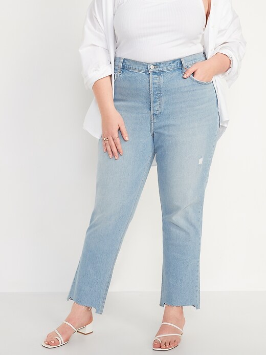 Image number 7 showing, High-Waisted Button-Fly Slouchy Straight Ripped Cut-Off Jeans for Women
