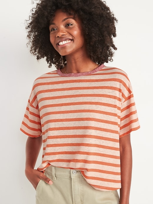 Image number 1 showing, Short-Sleeve Oversized Cropped Striped Linen-Blend T-Shirt for Women