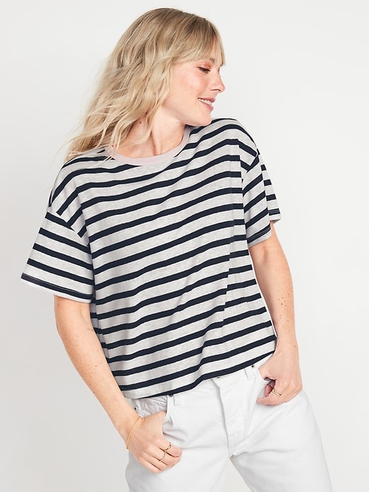 Image number 1 showing, Short-Sleeve Oversized Cropped Striped Linen-Blend T-Shirt for Women