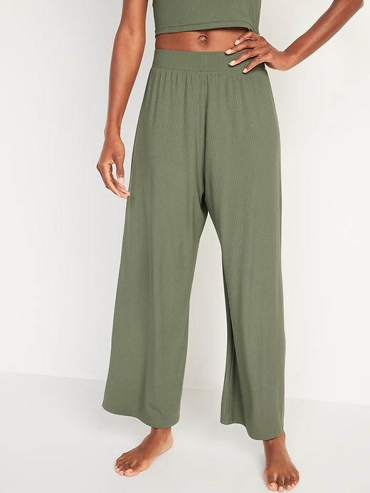 Image number 1 showing, High-Waisted Sunday Sleep Rib-Knit Cropped Wide-Leg Pajama Pants