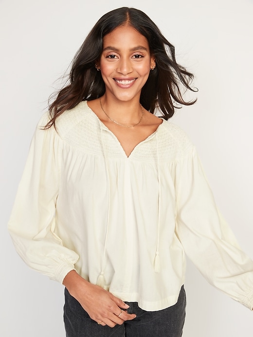 Image number 1 showing, Long-Sleeve Smocked Embroidered Poet Blouse