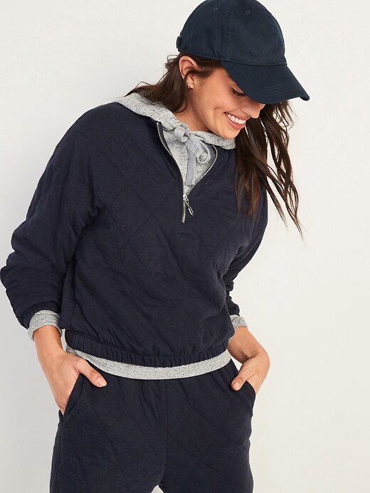 Image number 1 showing, Crew-Neck Quarter-Zip Quilted Sweatshirt for Women