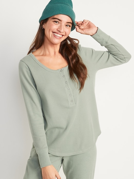 Image number 1 showing, Long-Sleeve Thermal-Knit Henley Pajama T-Shirt