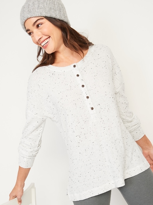 Image number 1 showing, Long-Sleeve Waffle-Knit Henley Tunic T-Shirt for Women