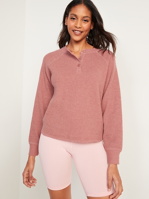 Image number 1 showing, Loose Cropped Cozy Long-Sleeve Henley T-Shirt