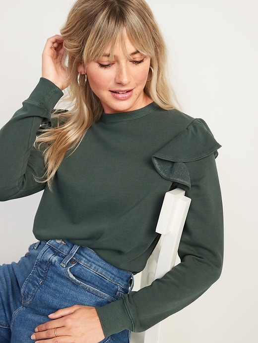 Image number 1 showing, Ruffle-Trim French-Terry Cropped Sweatshirt