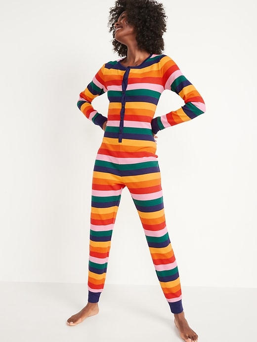 Image number 1 showing, Matching Printed Thermal-Knit One-Piece Pajamas