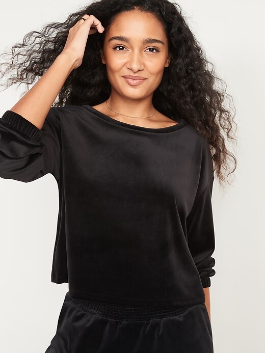 Image number 1 showing, Long-Sleeve Velvet Pajama Top for Women