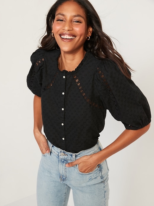 Oldnavy Puff-Sleeve Lace-Trim Clip-Dot Blouse for Women