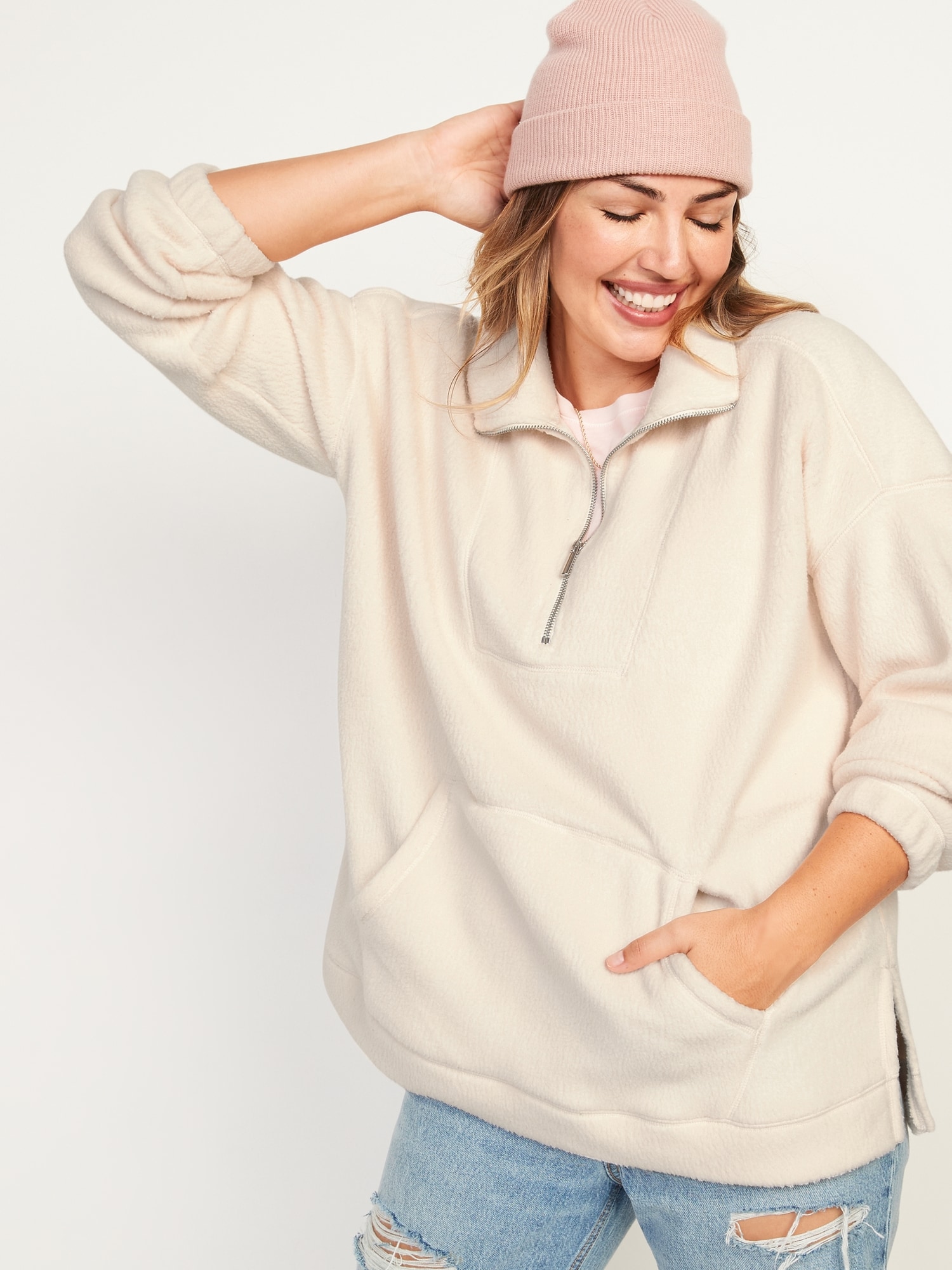 Oversized Sherpa Quarter-Zip Tunic Sweatshirt for Women