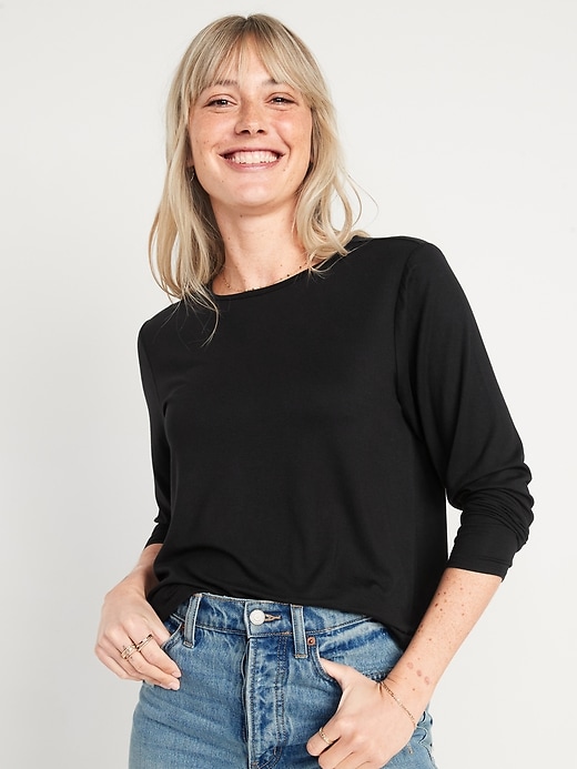 Image number 1 showing, Luxe Crew-Neck Long-Sleeve T-Shirt for Women