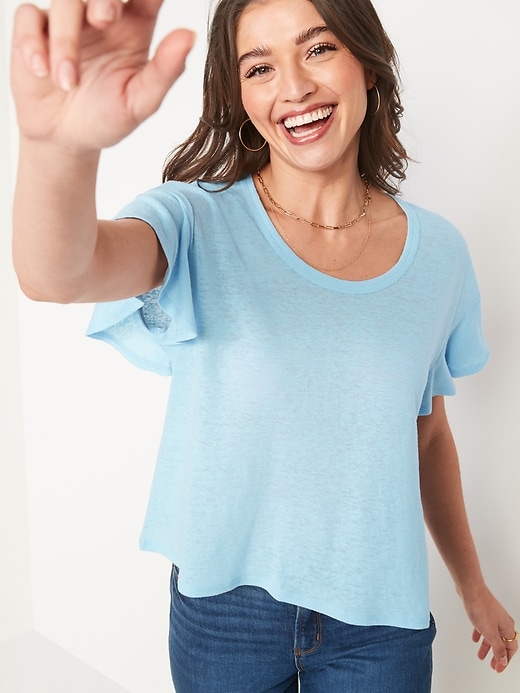 Image number 1 showing, Flutter-Sleeve Scoop-Neck Linen-Jersey Easy T-Shirt