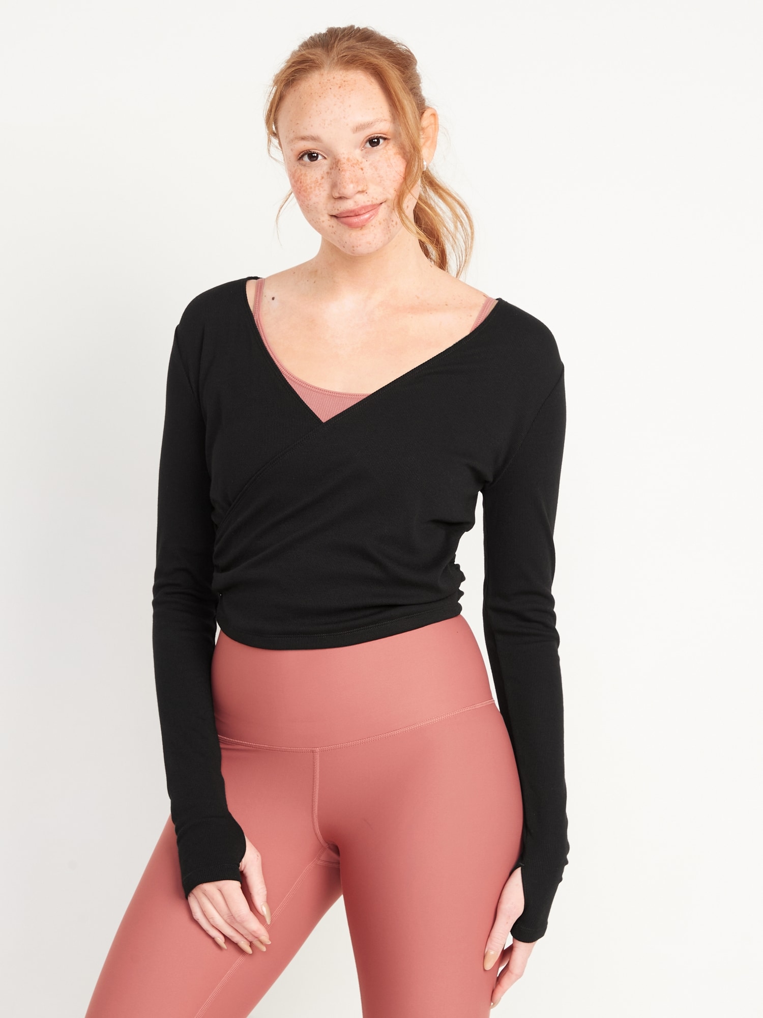Old Navy Reversible Long-Sleeve UltraLite Cropped Wrap-Effect Back Top for Women black. 1