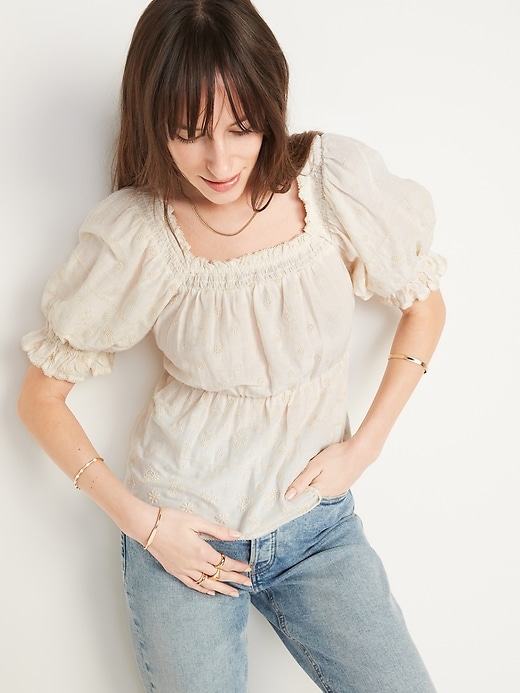 Oldnavy Puff-Sleeve Smocked Embroidered Babydoll Blouse for Women
