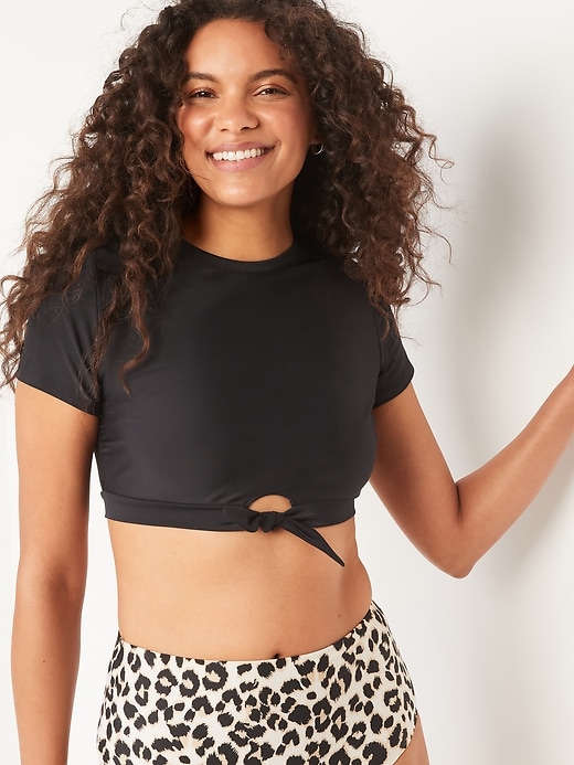 Image number 1 showing, Short-Sleeve Cropped Tie-Front Rashguard Swim Top