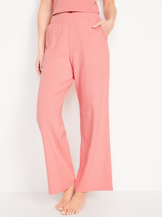 Image number 1 showing, High-Waisted Rib-Knit Wide-Leg Lounge Pants