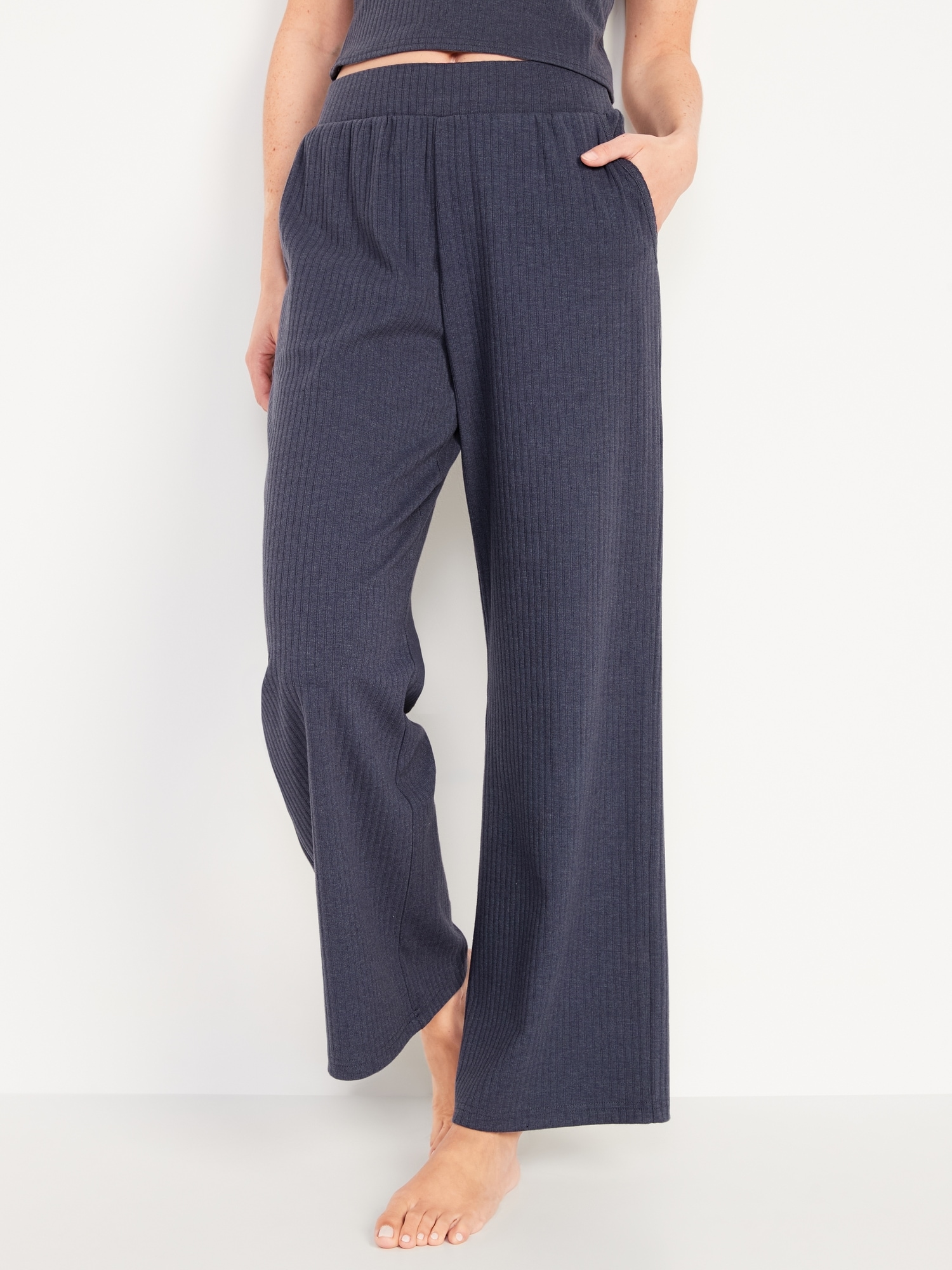 High-Waisted Rib-Knit Wide-Leg Lounge Pants for Women