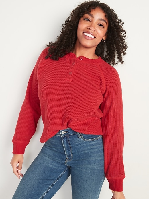Image number 4 showing, Loose Cropped Cozy Long-Sleeve Henley T-Shirt