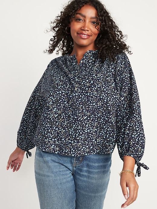 Image number 5 showing, Oversized Ditsy-Floral Corduroy Tie-Sleeve Top