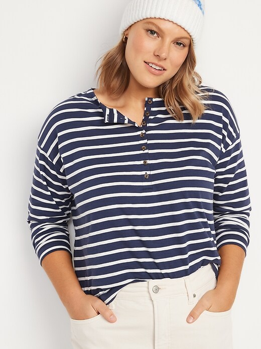Image number 4 showing, Loose Mariner-Stripe Long-Sleeve Henley T-Shirt for Women