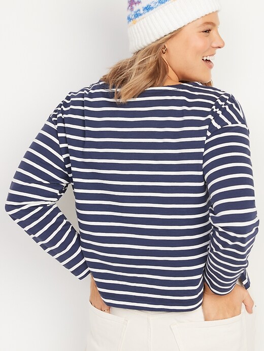 Image number 5 showing, Loose Mariner-Stripe Long-Sleeve Henley T-Shirt for Women
