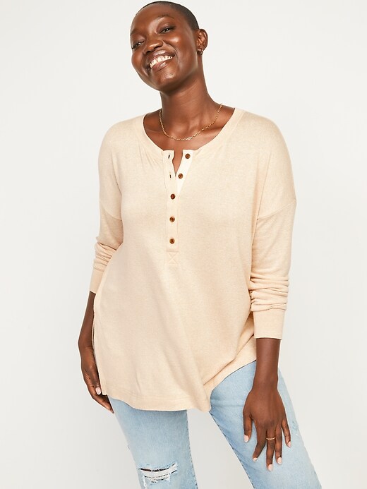 Image number 5 showing, Long-Sleeve Plush-Knit Henley Tunic T-Shirt for Women