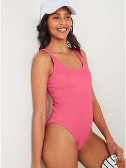 Textured-Rib Square-Neck French-Cut One-Piece Swimsuit