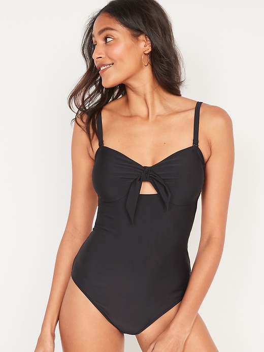 Image number 1 showing, Tie-Front Keyhole Bandeau-Style One-Piece Swimsuit