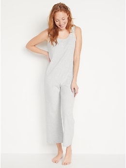 Sleeveless Cropped Rib-Knit Henley Lounge Jumpsuit for Women