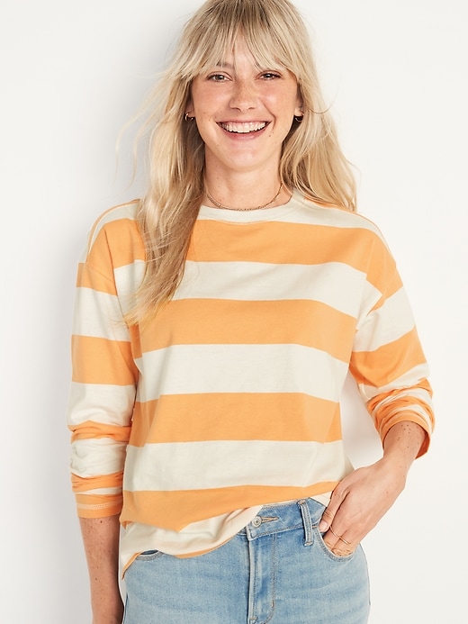 Image number 1 showing, Long-Sleeve Vintage Loose Striped Easy T-Shirt for Women