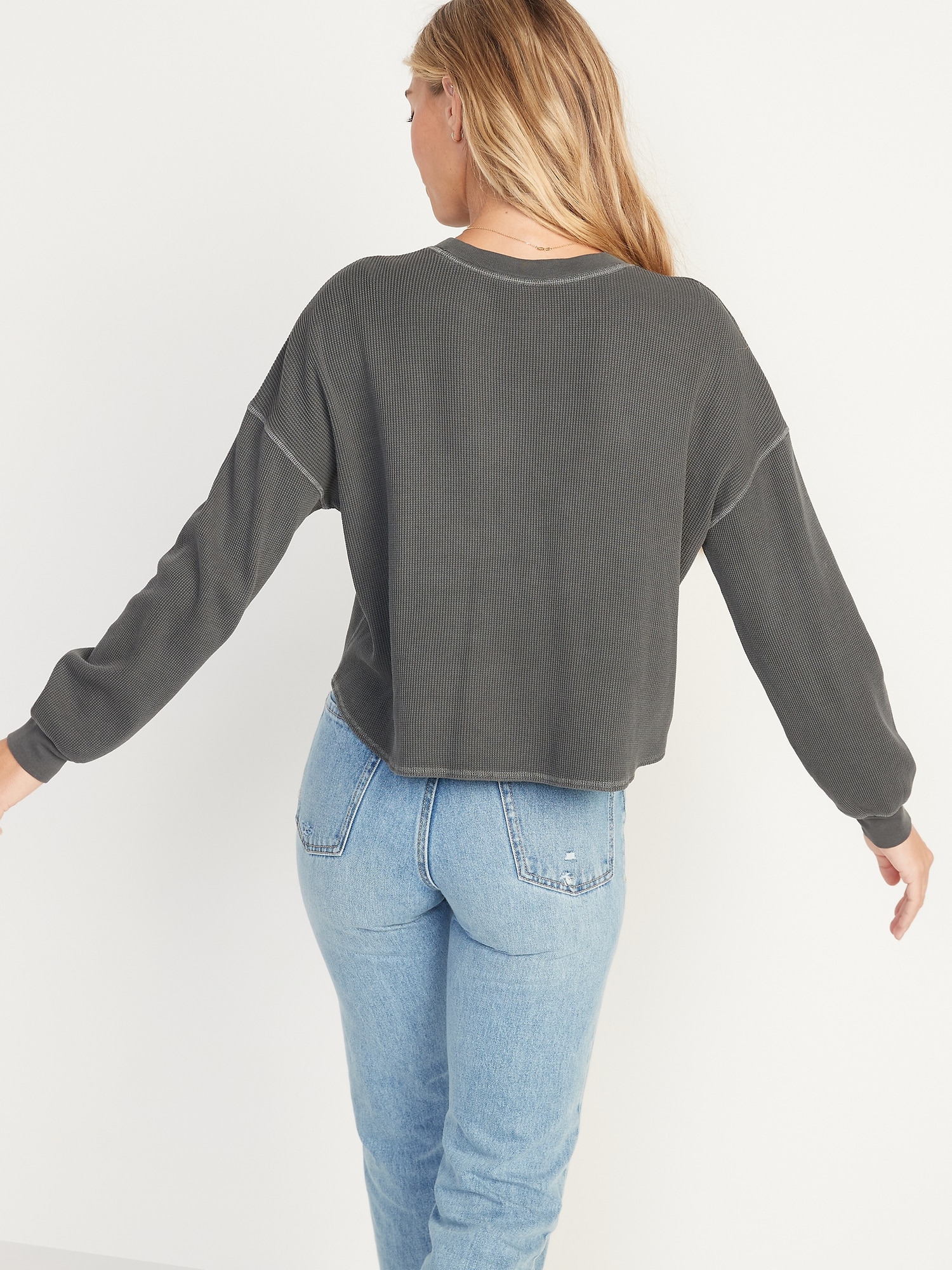 Long-Sleeve Loose Cropped Waffle-Knit Easy T-Shirt for Women