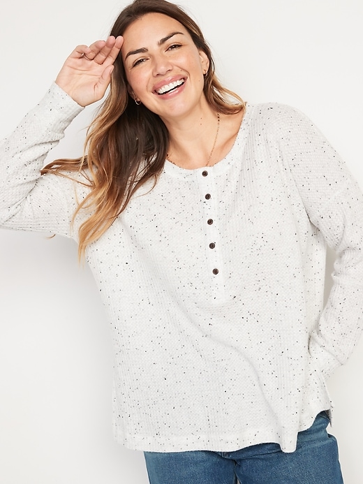 Image number 3 showing, Long-Sleeve Waffle-Knit Henley Tunic T-Shirt for Women