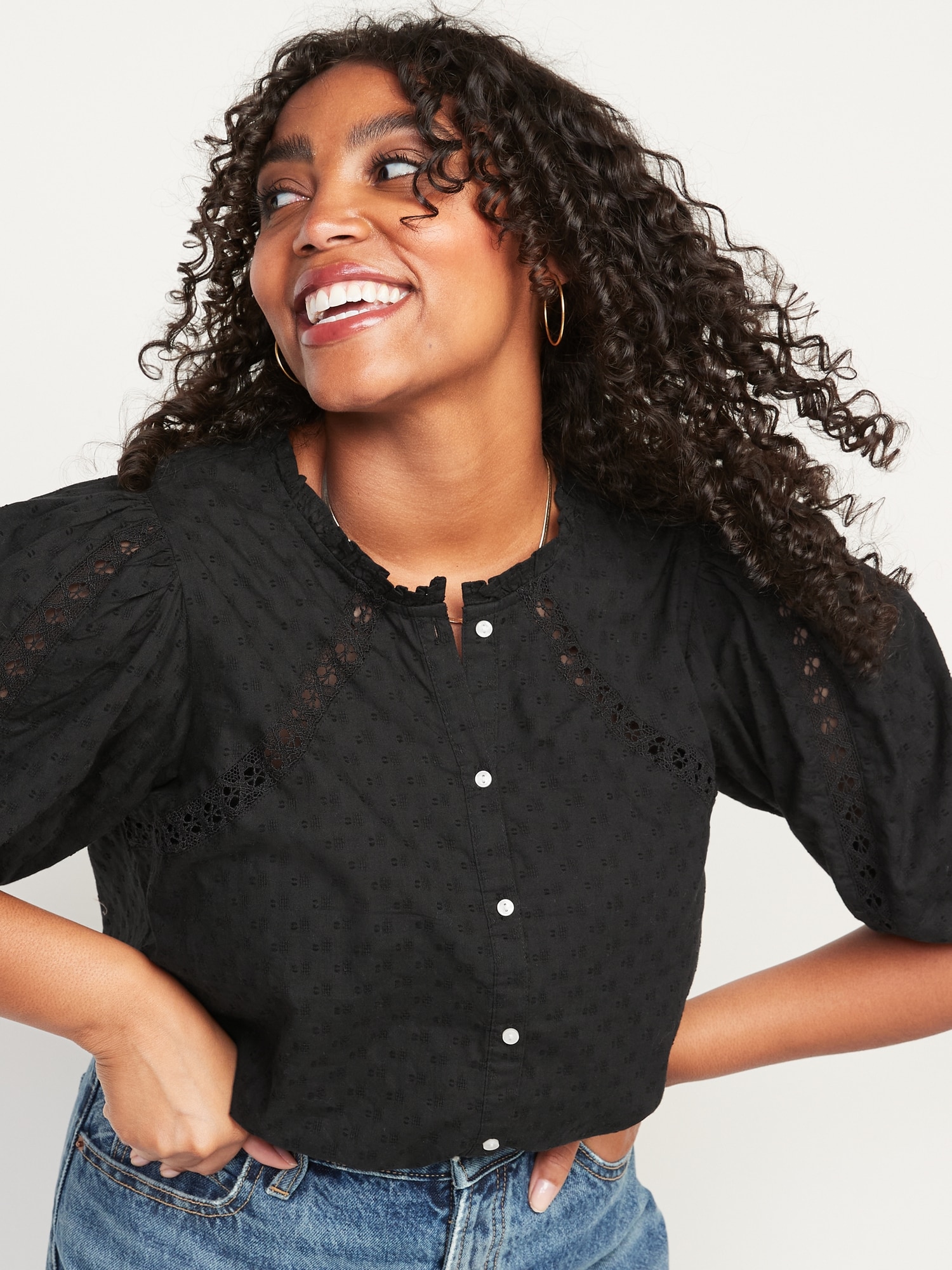 Puff-Sleeve Lace-Trim Clip-Dot Blouse for Women | Old Navy