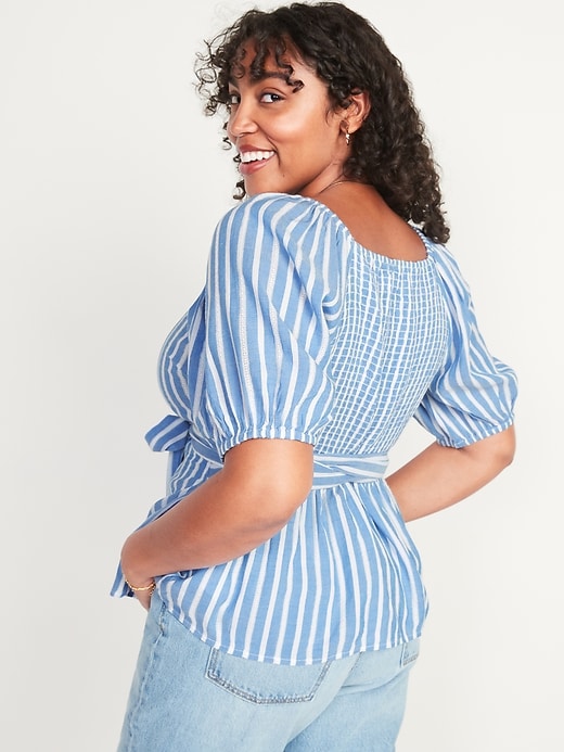 Puff-Sleeve Smocked Striped Wrap-Effect Blouse for Women | Old Navy