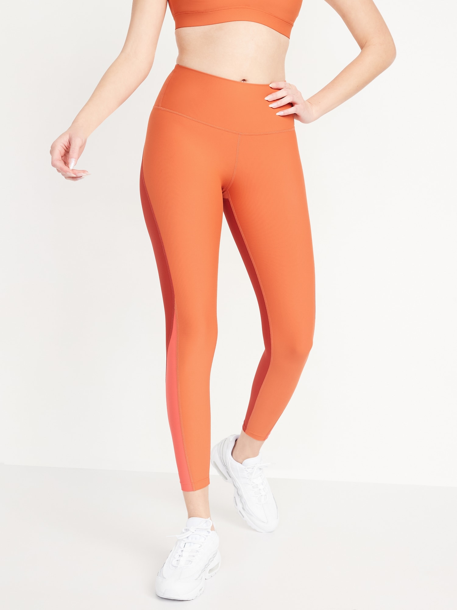 Old Navy High-Waisted PowerSoft Color-Block 7/8-Length Compression Leggings for Women orange. 1