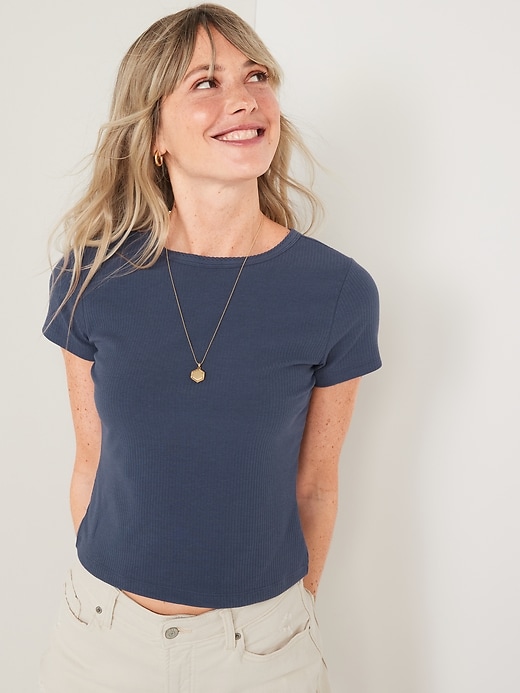 Image number 1 showing, Fitted Short-Sleeve Cropped Rib-Knit T-Shirt for Women