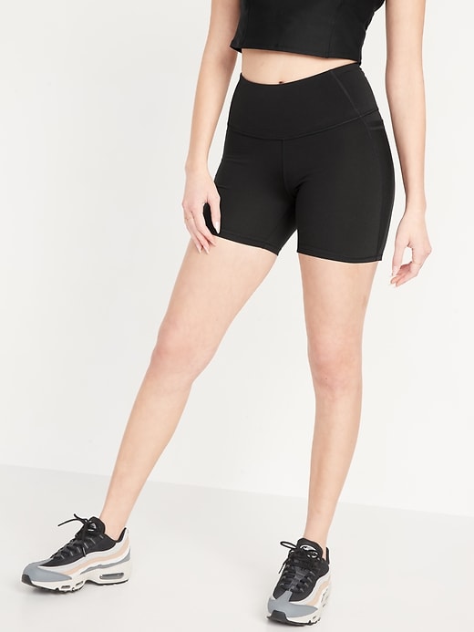 Image number 1 showing, High-Waisted PowerPress Side-Pocket Biker Shorts -- 5-inch inseam