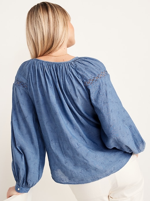 Image number 2 showing, Long-Sleeve Lace-Trimmed Embroidered Chambray Blouse