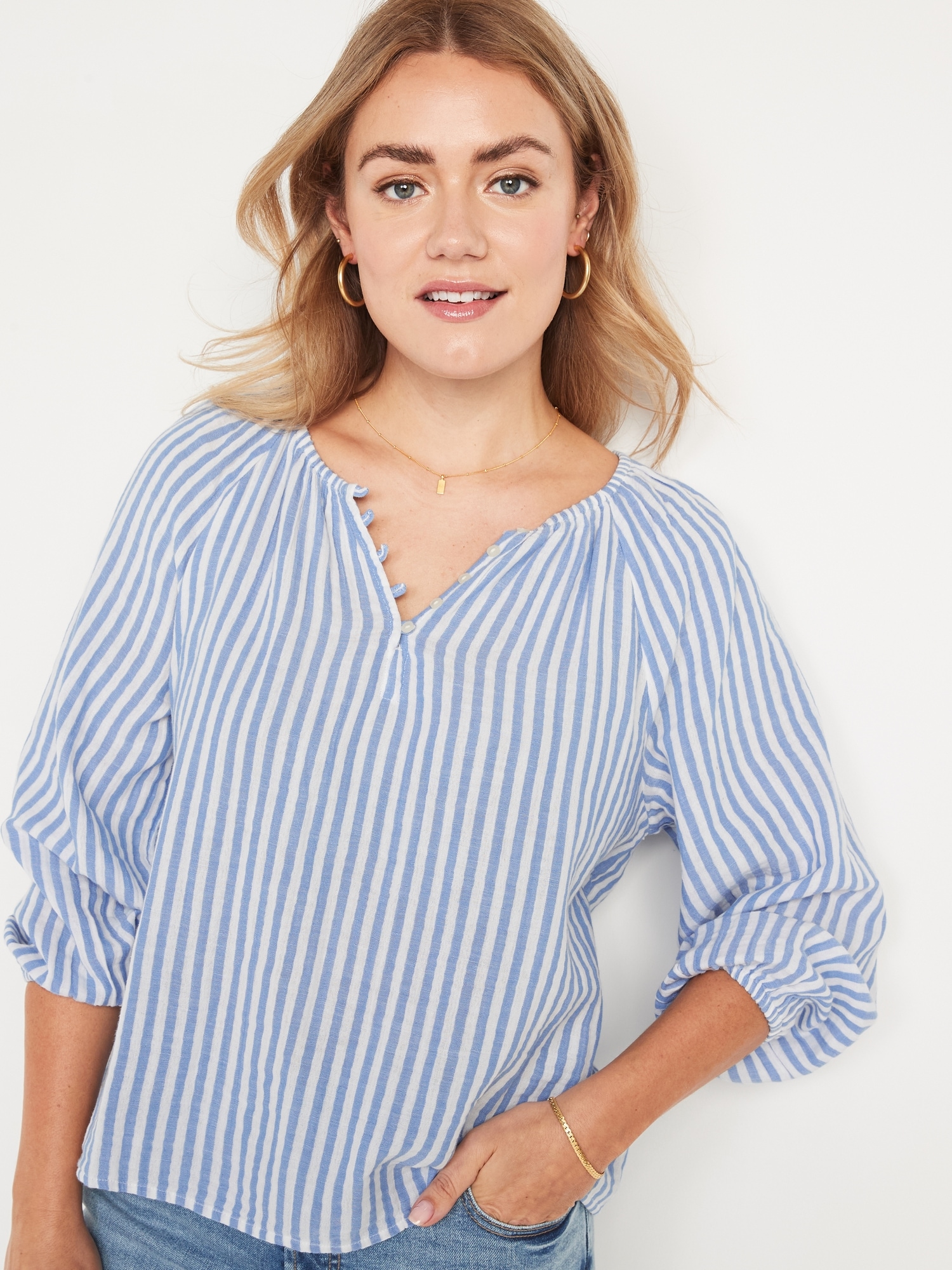 Long-Sleeve Split-Neck Printed Poet Blouse | Old Navy