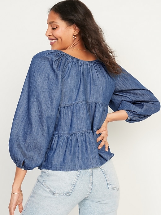 Image number 2 showing, Tiered Swing Long-Sleeve Jean Top for Women
