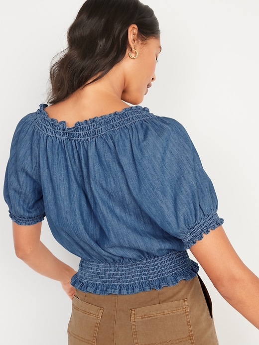 Image number 2 showing, Scoop-Neck Smocked Chambray Blouse for Women