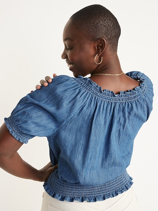 Image number 6 showing, Scoop-Neck Smocked Chambray Blouse for Women