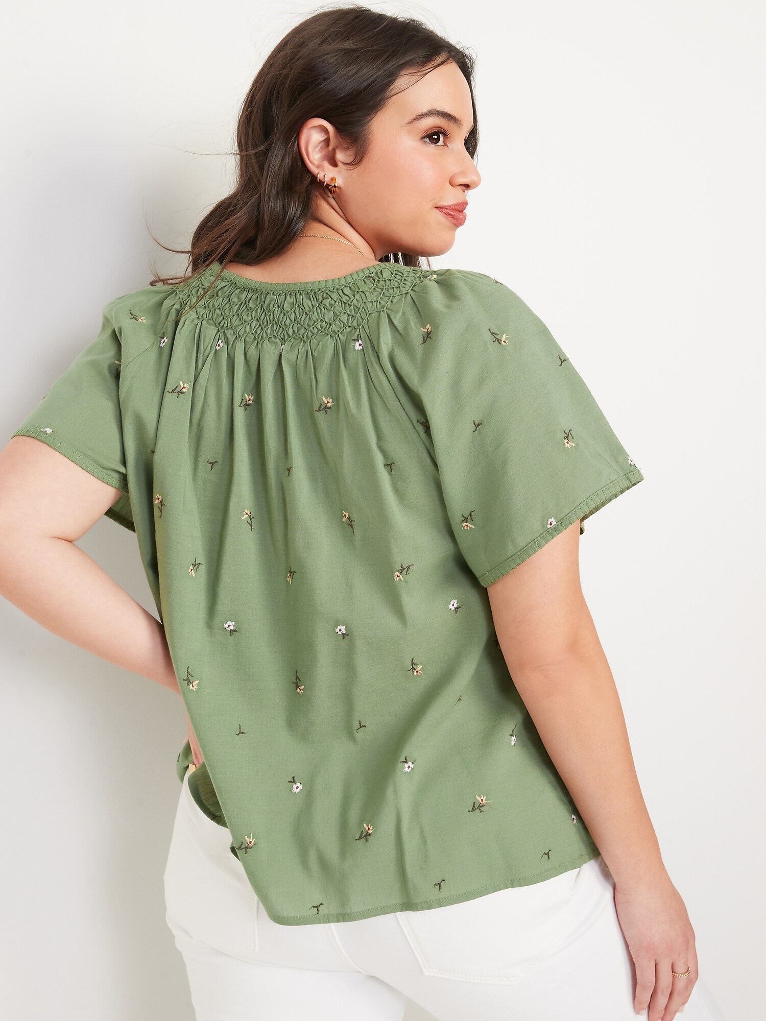 Flutter-Sleeve Smocked Embroidered Cutwork Swing Blouse for Women