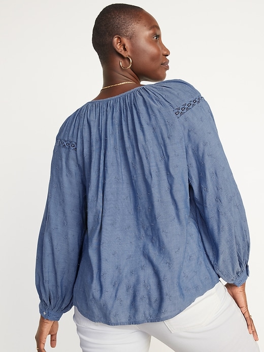 Image number 6 showing, Long-Sleeve Lace-Trimmed Embroidered Chambray Blouse