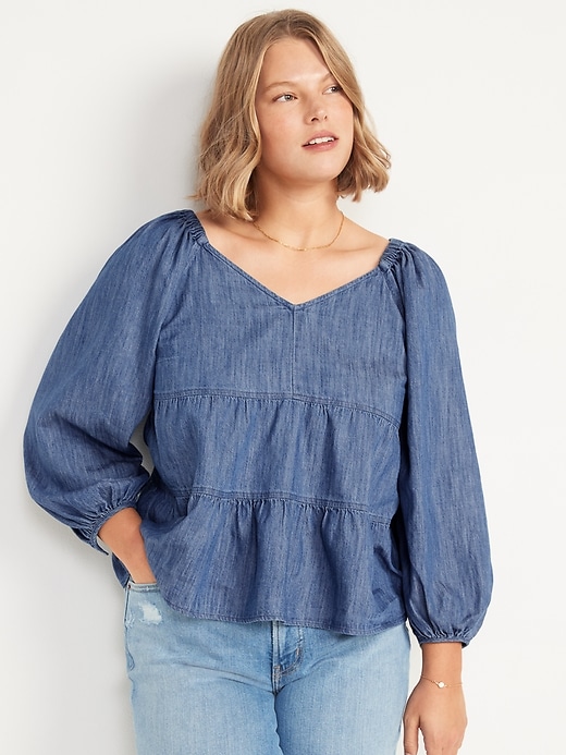 Image number 5 showing, Tiered Swing Long-Sleeve Jean Top